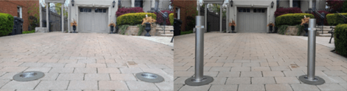 The installed retractable bollards. Retracted (left)/In Use (right)